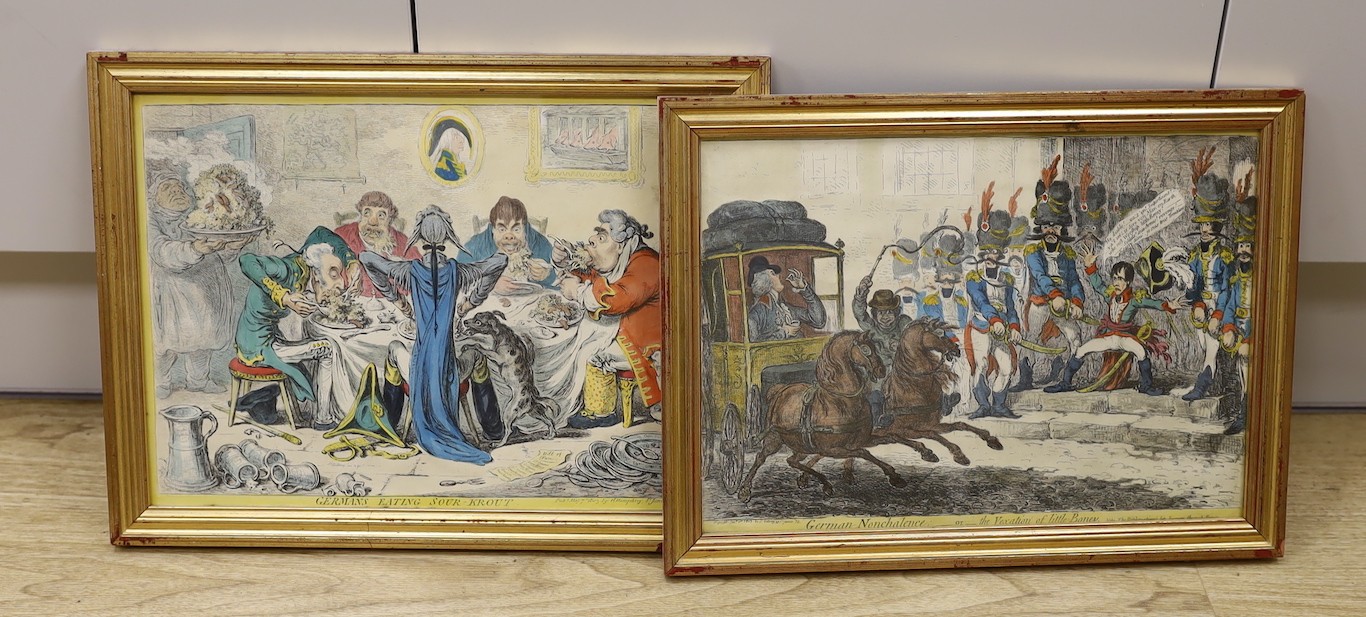 After Gilray, two steel engravings, 'German Nonchalance' and 'Germans eating sour-krout’, largest 27 x 37cm